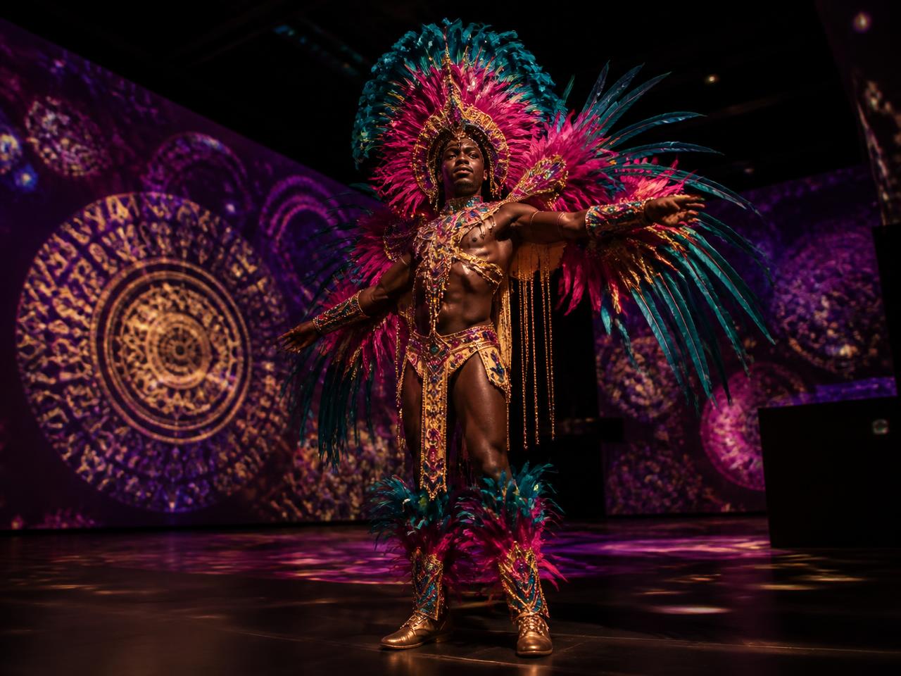 Black masquerader in an elaborate Carnival costume inside a projection-mapped immersive room