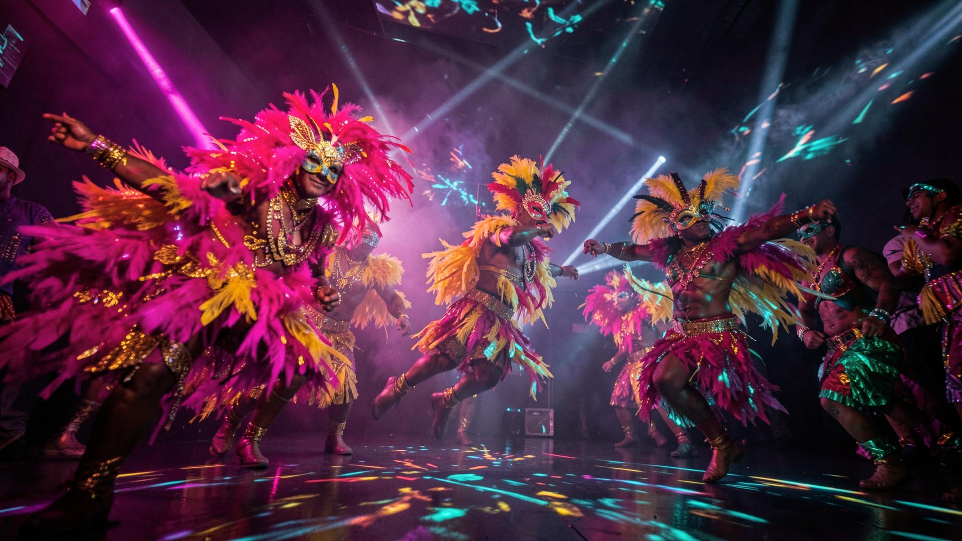Masqueraders performing inside a projection-mapped immersive room