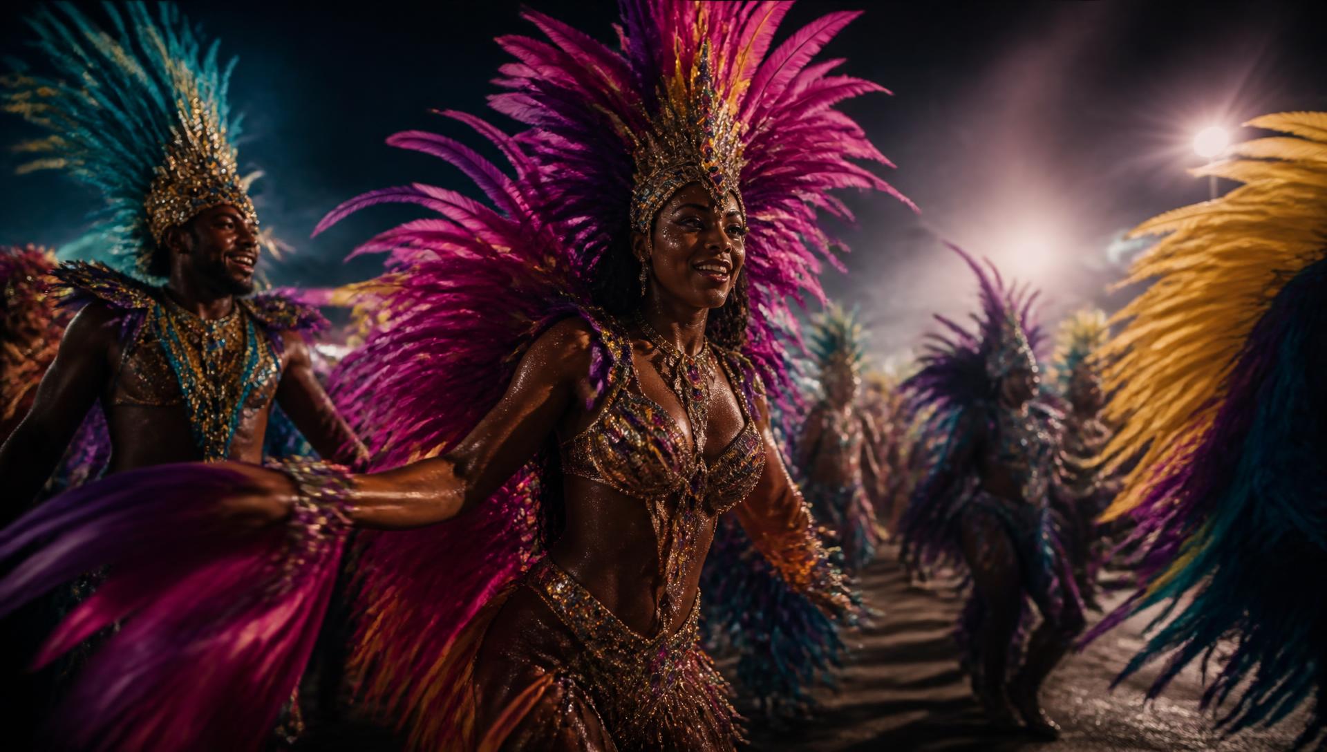 Masqueraders in vibrant Caribbean Carnival costumes